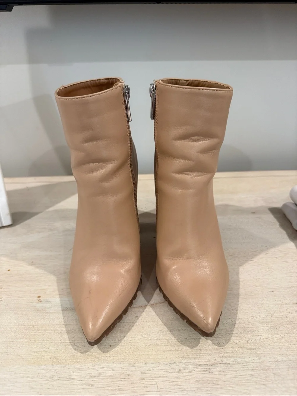 PrettyLittleThing Beige Pointed Toe Ankle Booties with Side Zipper